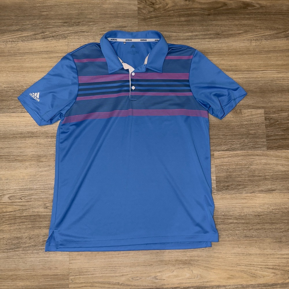 Adidas‎ Golf Polo Shirt Blue Striped Athletic Performance Men's Large